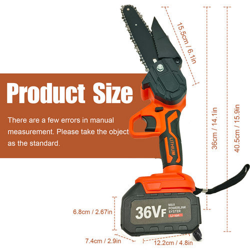 6" Mini Orange Cordless Electric Chainsaw 2X Battery-Powered Wood Cutter Rechargeable