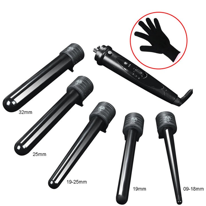 5 in 1 Hair Curler Wand Set Ceramic Styling Curling Iron Roller Barrel LED+Glove