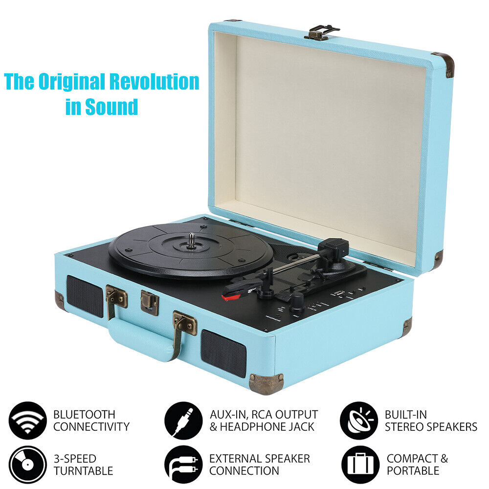 Blue Retro Briefcase Vinyl Record Player Suitcase 3 Speed Turntable Stereo Christmas