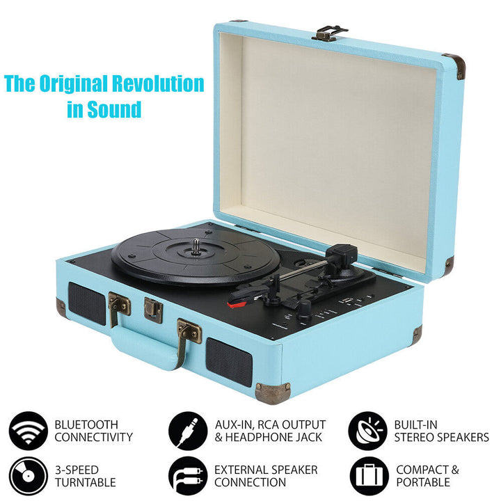 Blue Retro Briefcase Vinyl Record Player Suitcase 3 Speed Turntable Stereo Christmas