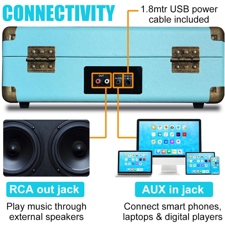 Blue Retro Briefcase Vinyl Record Player Suitcase 3 Speed Turntable Stereo Christmas