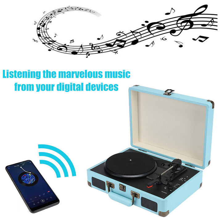 Blue Retro Briefcase Vinyl Record Player Suitcase 3 Speed Turntable Stereo Christmas