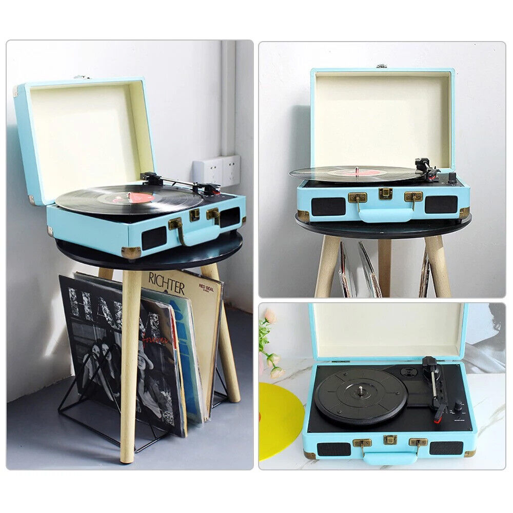 Blue Retro Briefcase Vinyl Record Player Suitcase 3 Speed Turntable Stereo Christmas