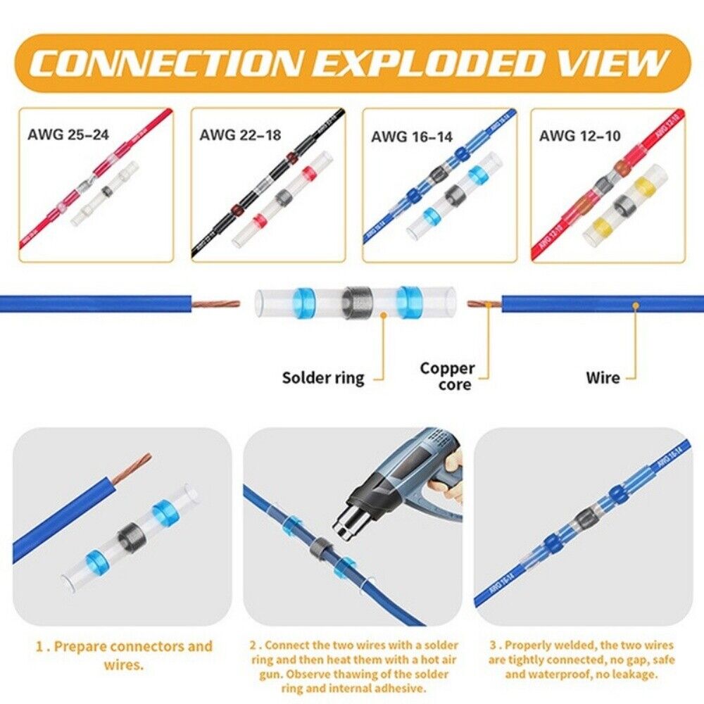 Solder Seal Sleeve Heat Shrink Butt Wire Connectors Terminals Waterproof