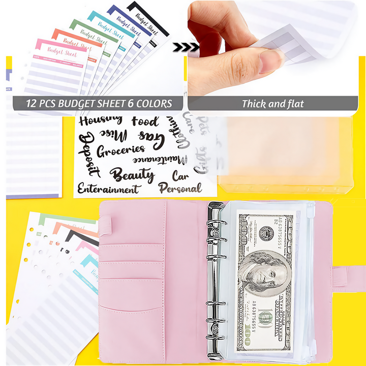 A6 PU Leather Notebook Binder Budget Planner Organizer Cover Cash Pockets Sheets