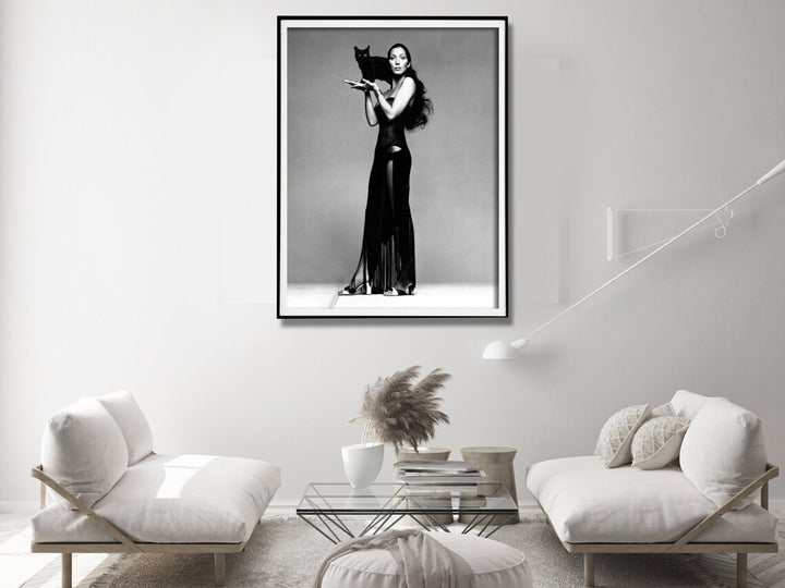 Wall Art 90cmx135cm Cher Music Black and White, Black Frame Canvas