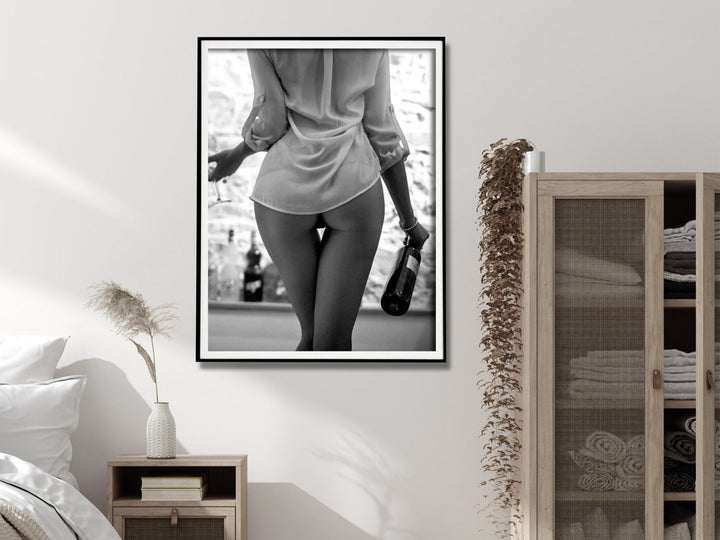 Wall Art 40cmx60cm Woman Drinking Wine , Black and White, Black Frame Canvas