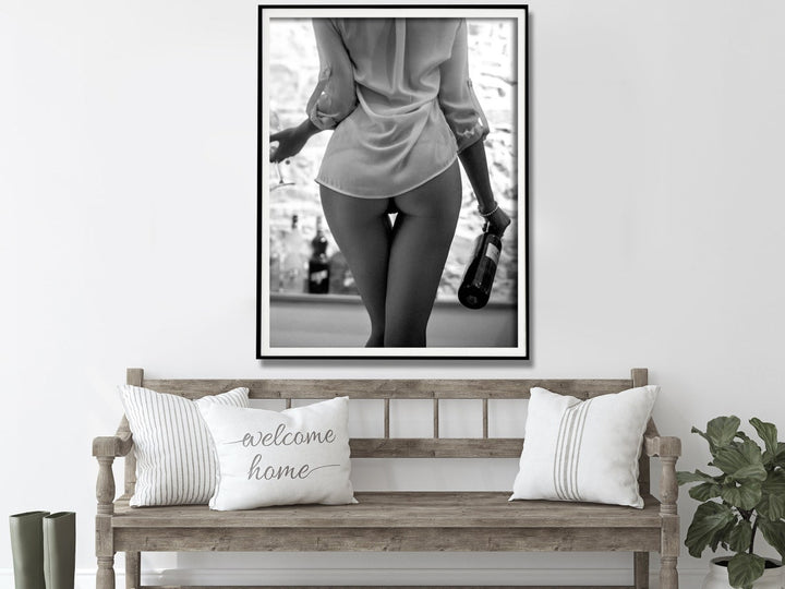 Wall Art 40cmx60cm Woman Drinking Wine , Black and White, Black Frame Canvas