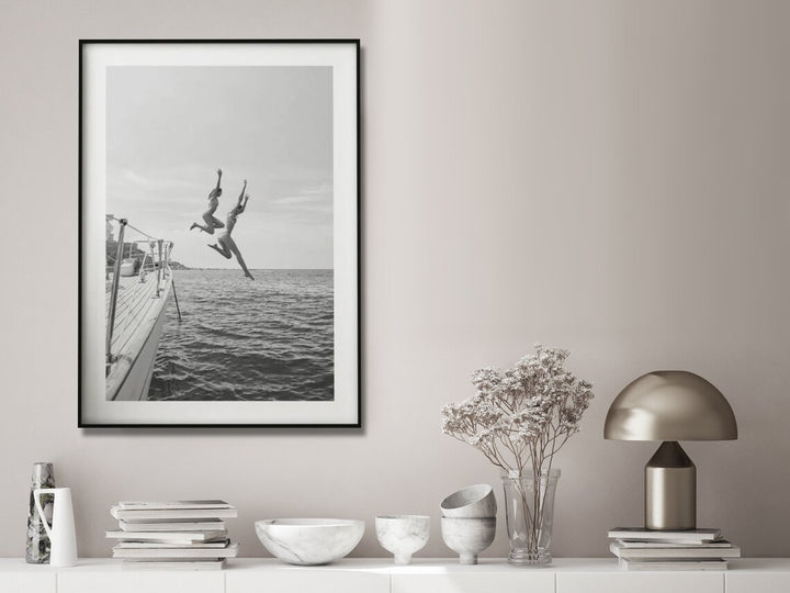 Wall Art 40cmx60cm Black and White Ocean Jump, Black Frame Canvas