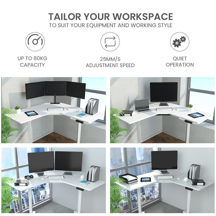 FORTIA 98W x 98W x 48D Dual-Motor 80kg Load Adjustable Electric Sit to Stand Up Corner Desk - White/White Frame