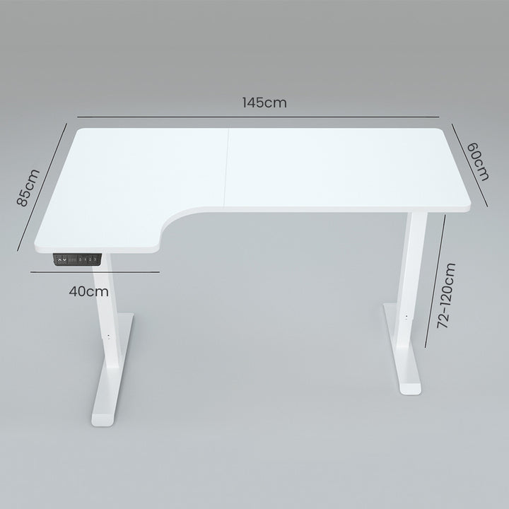 FORTIA 145W x 60D x 85D Dual-Motor 80kg Load Adjustable Sit-Stand Up L-Hand Sided Corner Desk - White/White Frame