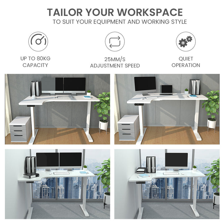 FORTIA 145W x 60D x 85D Dual-Motor 80kg Load Adjustable Sit-Stand Up L-Hand Sided Corner Desk - White/White Frame