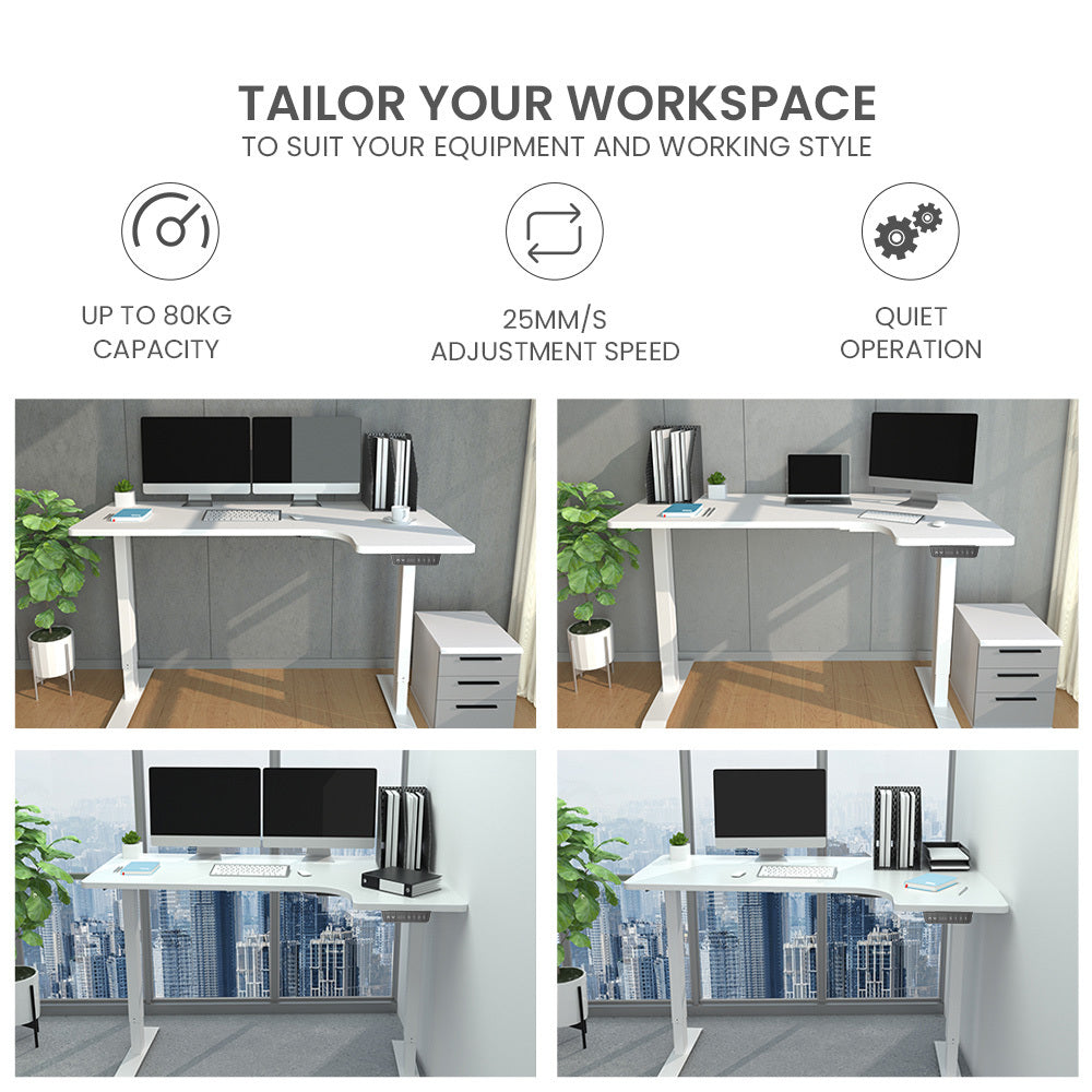 FORTIA 145W x 60D x 85D Dual-Motor 80kg Load Adjustable Sit-Stand Up R-Hand Sided Corner Desk - White/White Frame