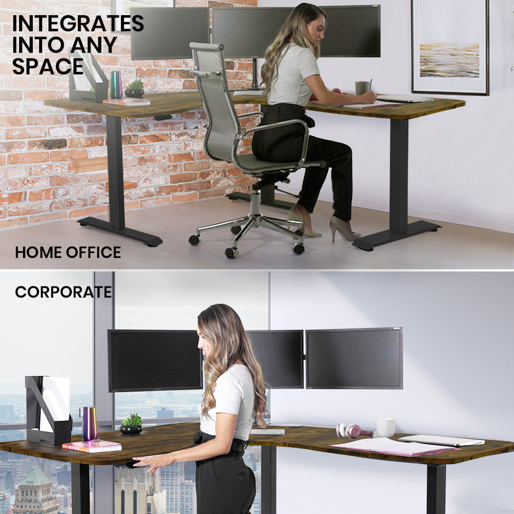 FORTIA 173W x 173W x 75D 3-Motor 120kg Load Adjustable Electric Sit to Stand Up Corner Desk - Walnut/Black Frame