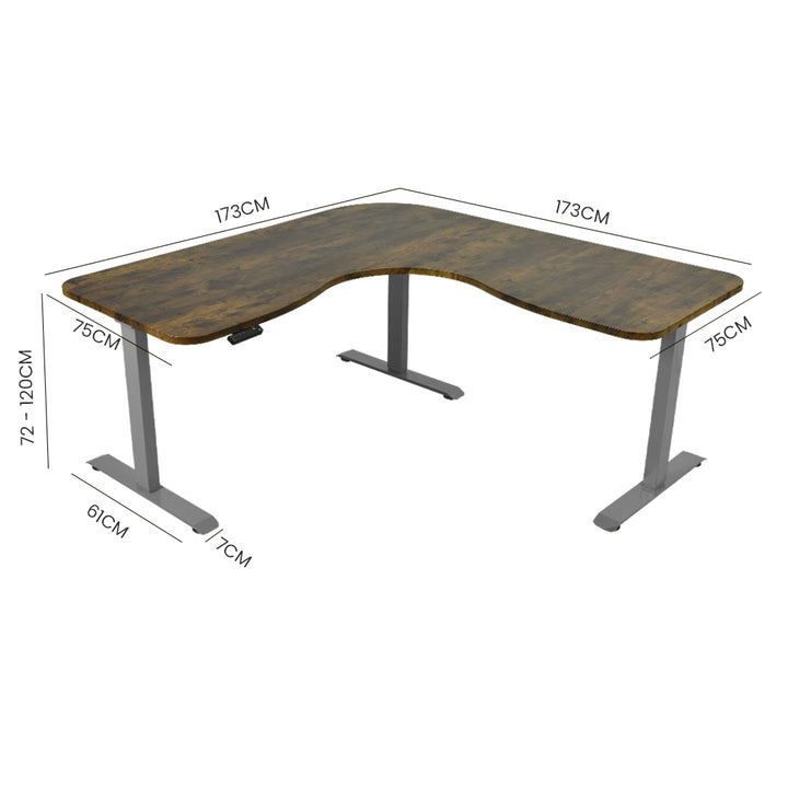 FORTIA 173W x 173W x 75D 3-Motor 120kg Load Adjustable Electric Sit to Stand Up Corner Desk - Walnut/Silver Frame