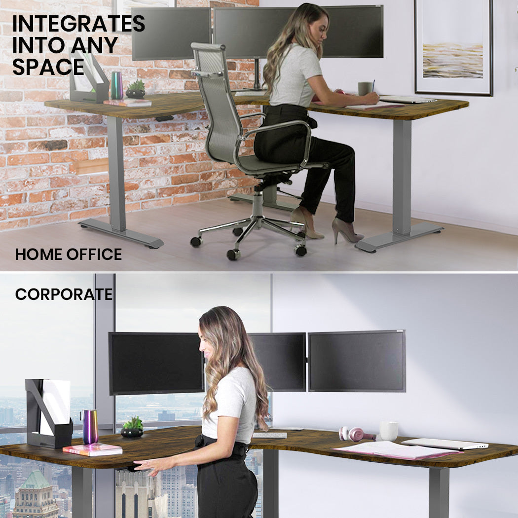 FORTIA 173W x 173W x 75D 3-Motor 120kg Load Adjustable Electric Sit to Stand Up Corner Desk - Walnut/Silver Frame