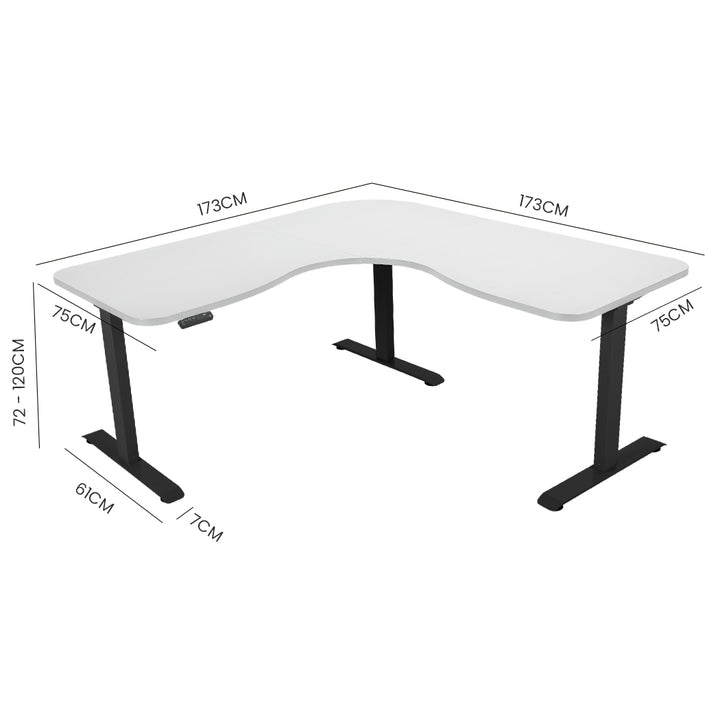 FORTIA 173W x 173W x 75D 3-Motor 120kg Load Adjustable Electric Sit to Stand Up Corner Desk - White/Black Frame