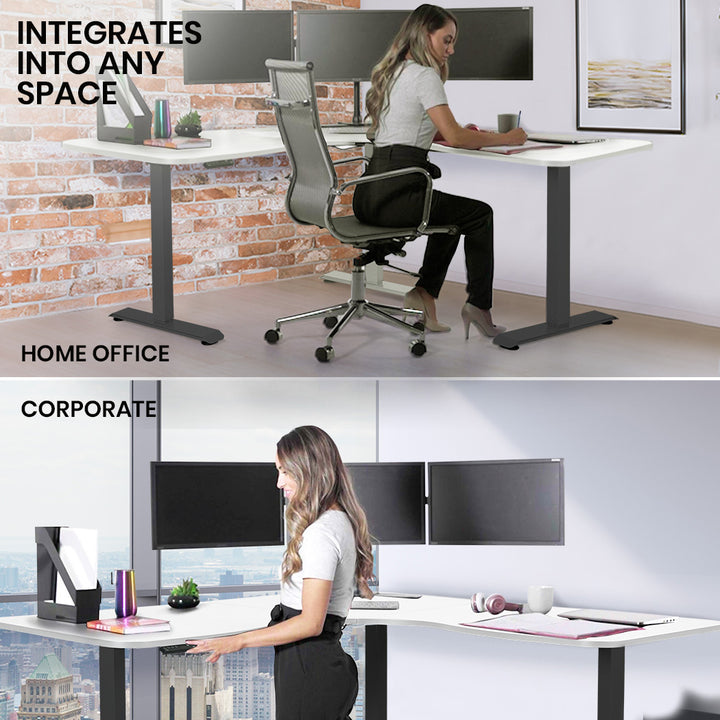 FORTIA 173W x 173W x 75D 3-Motor 120kg Load Adjustable Electric Sit to Stand Up Corner Desk - White/Black Frame