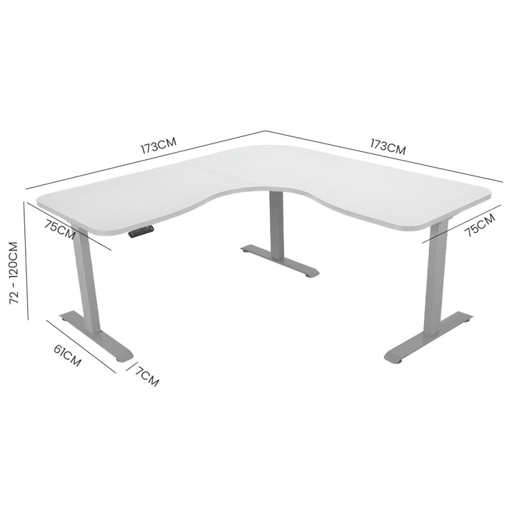 FORTIA 173W x 173W x 75D 3-Motor 120kg Load Adjustable Electric Sit to Stand Up Corner Desk - White/Silver Frame