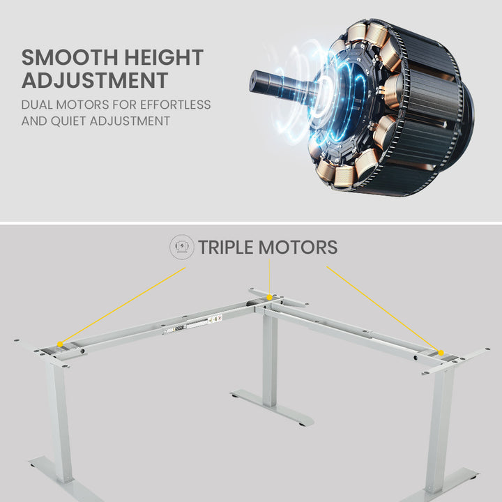 FORTIA 173W x 173W x 75D 3-Motor 120kg Load Adjustable Electric Sit to Stand Up Corner Desk - White/Silver Frame