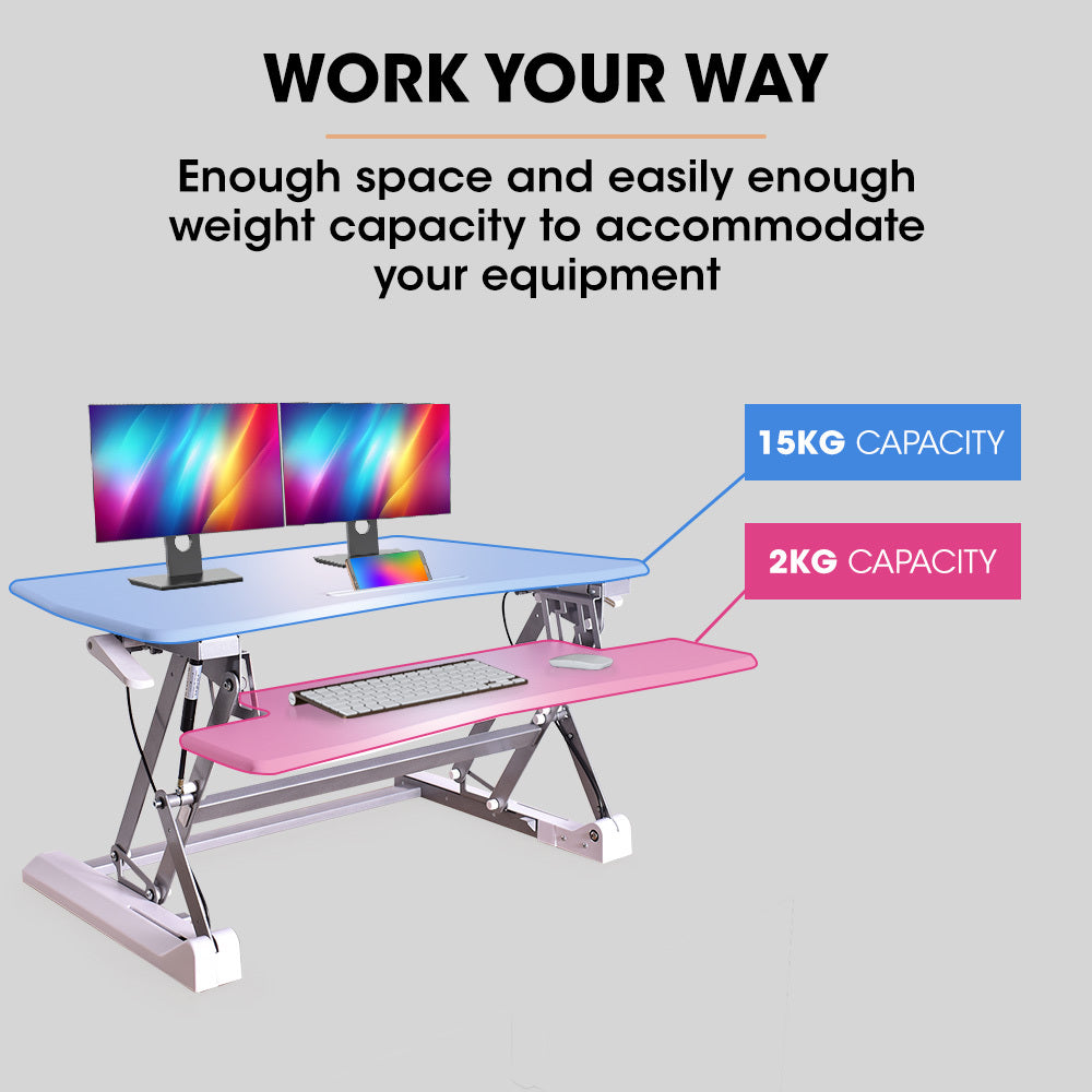 FORTIA Desk Riser 90cm Wide Adjustable Sit to Stand, for Dual Monitor, Keyboard, Laptop, White