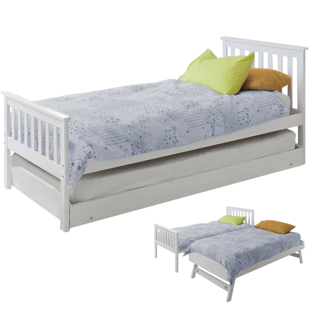 KINGSTON SLUMBER Wooden Single Bed Frame w/ Pop Up Trundle, for Kids Bedroom, White