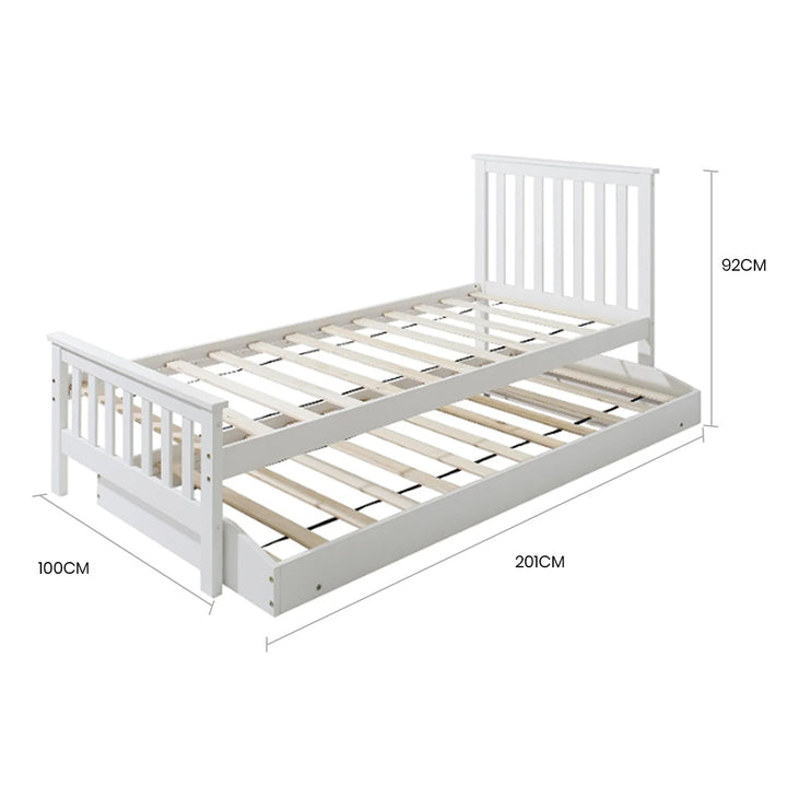 KINGSTON SLUMBER Wooden Single Bed Frame w/ Pop Up Trundle, for Kids Bedroom, White