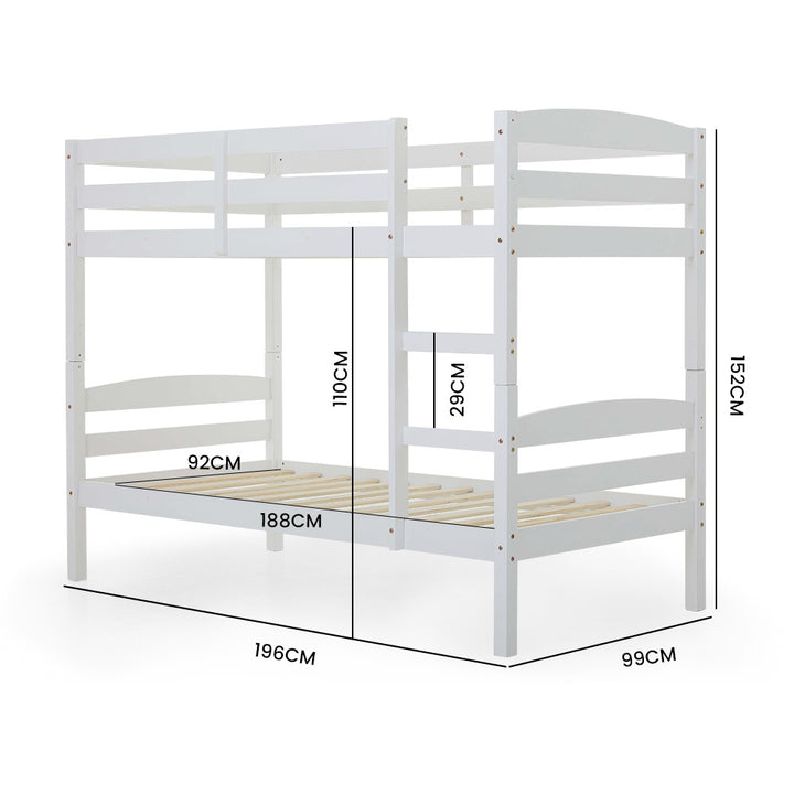 KINGSTON SLUMBER Single Bunk Bed Frame, Solid Pine 2-in-1 Modular Design, White