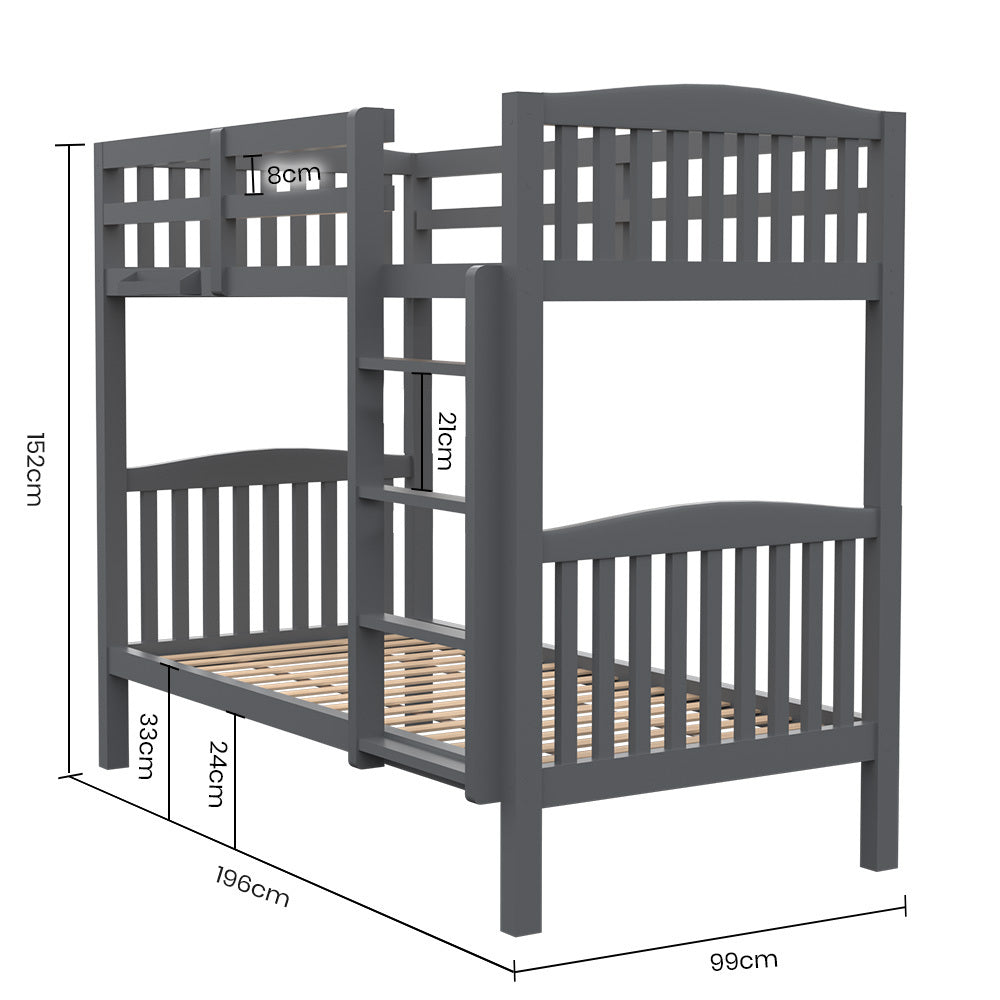 Kingston Slumber Single Bunk Bed Frame Solid Pine Wood Timber, Modular Design, Grey