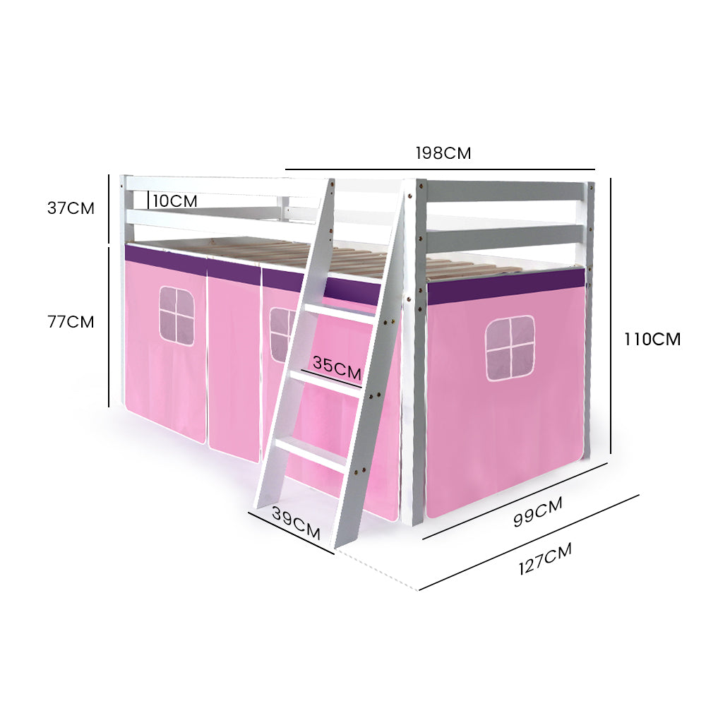 Kingston Slumber Wooden Kids Single Loft Bed Frame - Hiding Space Underneath with Interchangeable Pink and Blue Curtains