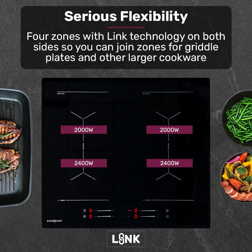 EuroChef 60cm 4 Zone Induction Cooktop, 7200W Electric, Dual Link Bridged Zone Hobs, Touch Controls