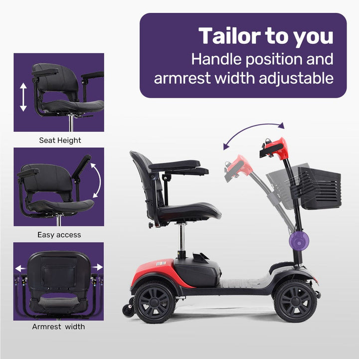 EQUIPMED Electric Mobility Scooter Portable Folding for Elderly Older Adult, SmartRider Black & Red