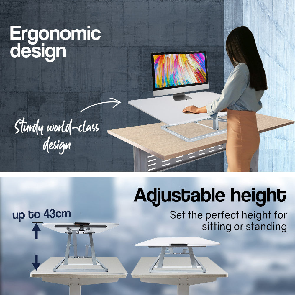 Fortia Desk Riser 74cm Wide Adjustable Sit to Stand for Dual Monitor, Keyboard, Laptop, White