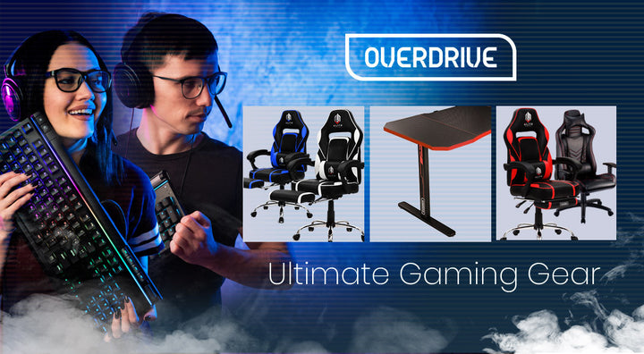 OVERDRIVE Gaming Chair Desk Racing Seat Setup PC Black Office Table Foot Combo