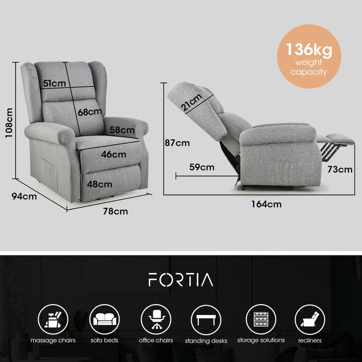 FORTIA Electric Recliner Lift Heat Chair for Elderly, Massage, Heat Therapy, Aged Care, Grey