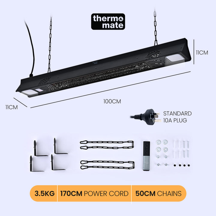 THERMOMATE 2000W Electric Outdoor Strip Heater, Carbon Fiber Element, Wall Ceiling or Hanging Mount, Remote , LED Screen, 9 Radiant Heat Settings, 24 Hr Timer