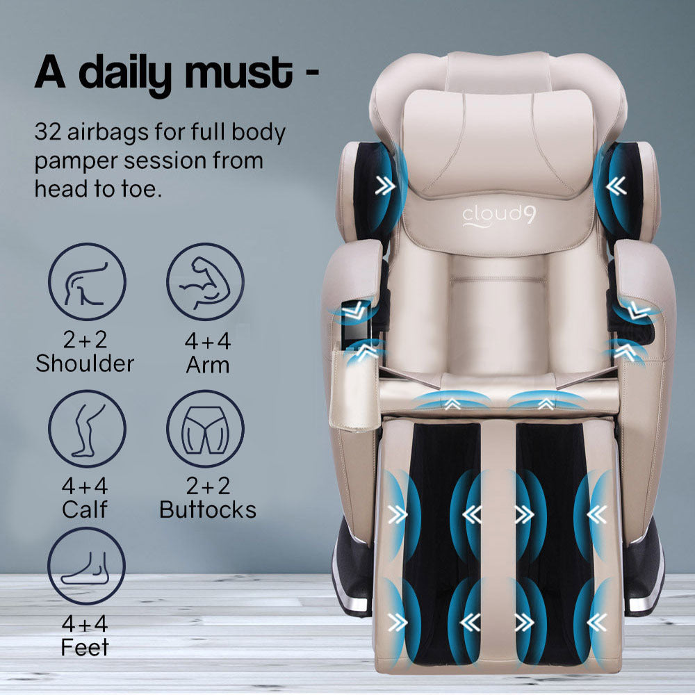 FORTIA Zero Gravity Recline Full-Body Massage Chair, with Back and Foot Rollers, Squeezing Air Pressure for Arms, Legs, plus Heat and Vibration functions, Cream