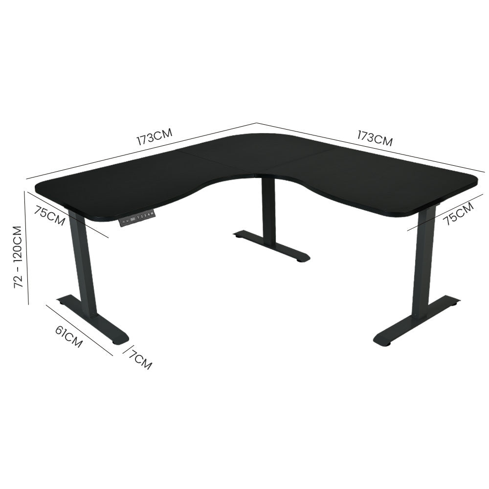 FORTIA Corner Standing Desk, 1730W x 1730W x 750D, 3 Motors, 120kg Load, Sit to Stand Up Electric Height Adjustable, Black/Black Frame