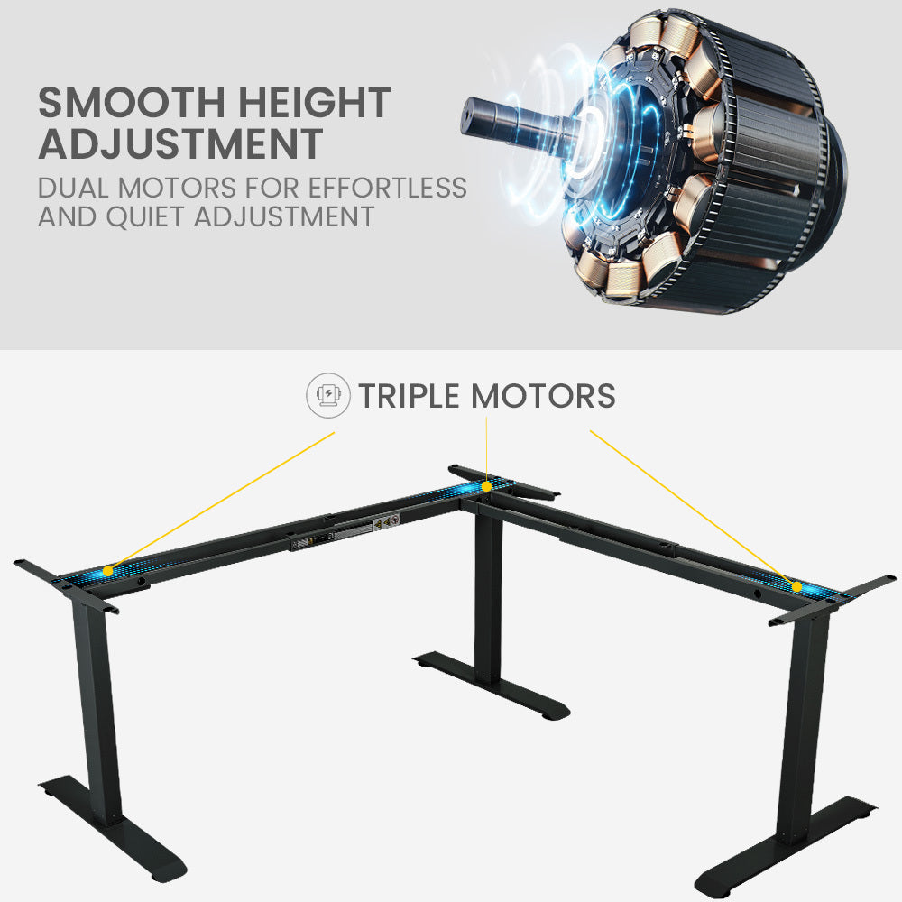 FORTIA Corner Standing Desk, 1730W x 1730W x 750D, 3 Motors, 120kg Load, Sit to Stand Up Electric Height Adjustable, Black/Black Frame