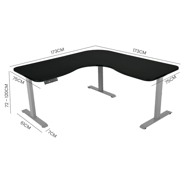 Fortia Corner Standing Desk, 1730W x 1730W x 750D, 3 Motors, 120kg Load, Sit to Stand Up Electric Height Adjustable, Black/Silver Frame