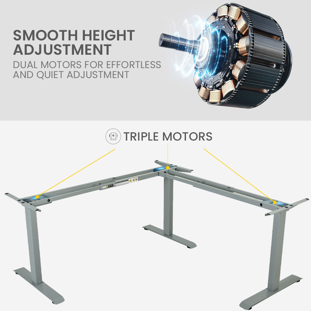 Fortia Corner Standing Desk, 1730W x 1730W x 750D, 3 Motors, 120kg Load, Sit to Stand Up Electric Height Adjustable, Black/Silver Frame