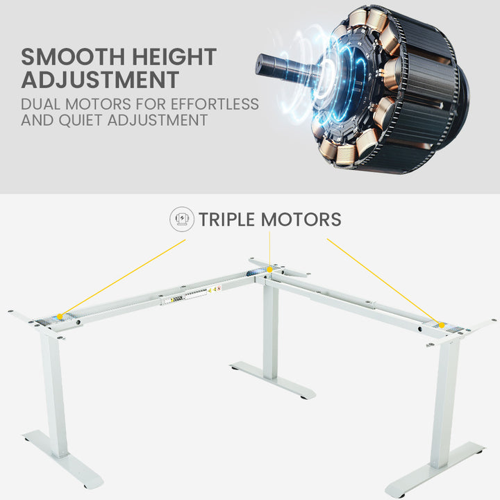 Fortia Corner Standing Desk, 1730W x 1730W x 750D, 3 Motors, 120kg Load, Sit to Stand Up Electric Height Adjustable, Black/White Frame