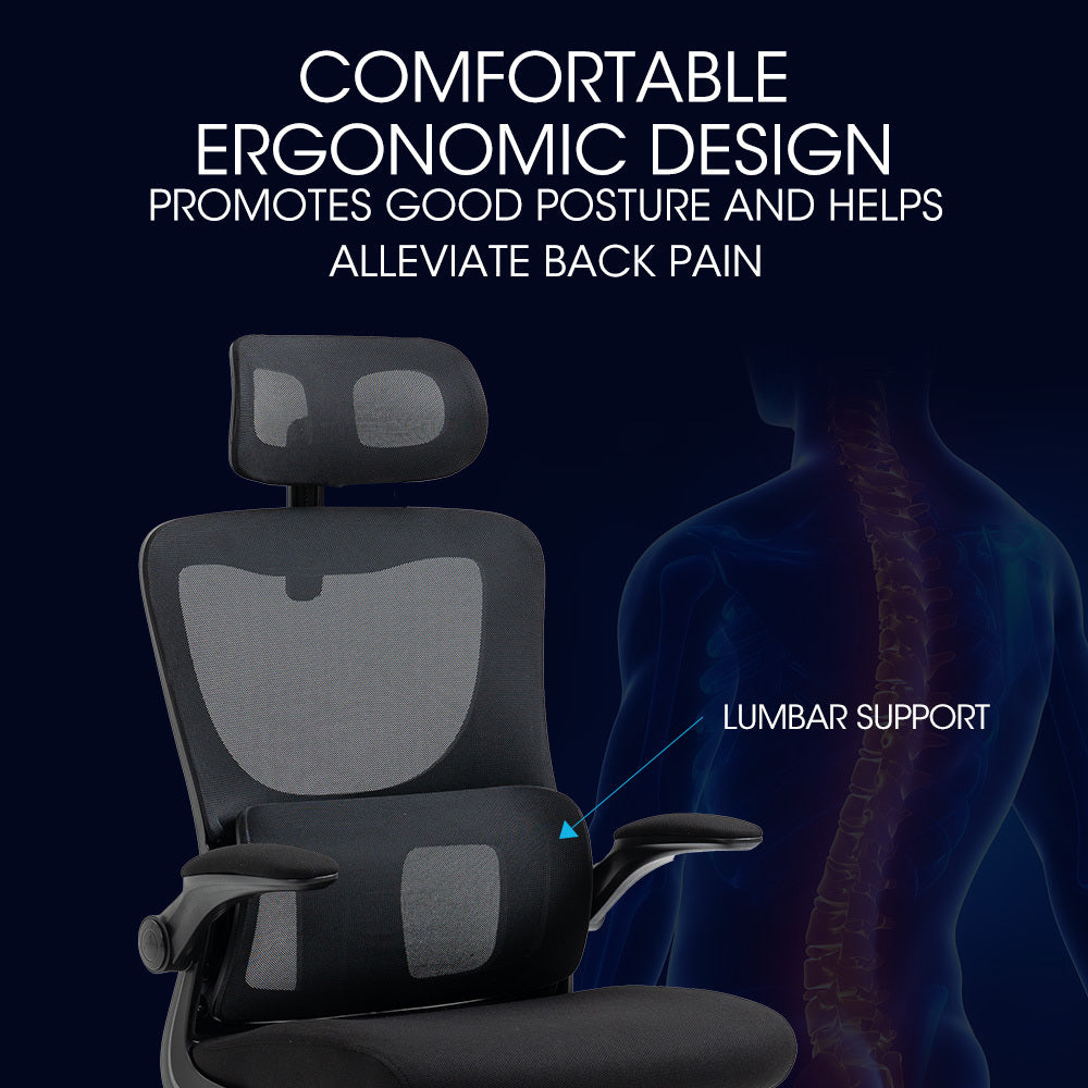 FORTIA Ergonomic Office Desk Chair, Lumbar Support, Mesh Fabric, Adjustable Headrest, Retractable Armrests, Black