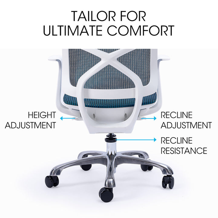 FORTIA Ergonomic Office Desk Chair, Coolmesh Fabric, Adjustable Recline, Blue Mesh/White Frame