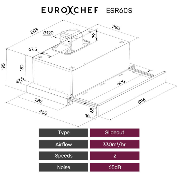 EUROCHEF 60cm Slideout Stainless Steel Rangehood, Quiet 2-Speed, 3-Layer Dishwashable Filters, Halogen Lights ESR60S