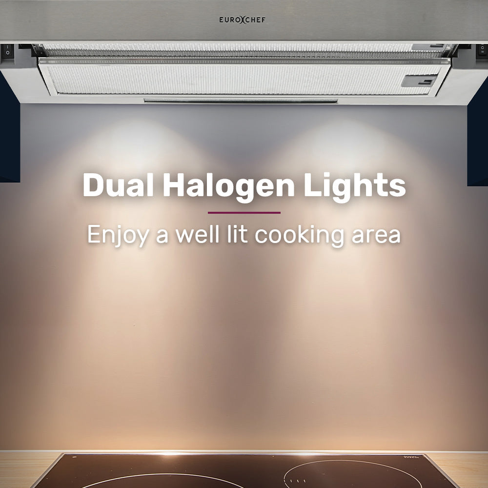 EUROCHEF 60cm Slideout Stainless Steel Rangehood, Quiet 2-Speed, 3-Layer Dishwashable Filters, Halogen Lights ESR60S