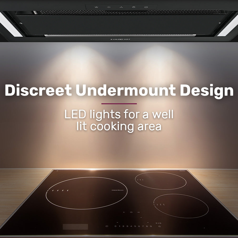 EUROCHEF 60cm Undermount Rangehood Black, Quiet 3-Speed, 3-Layer Dishwashable Filter, LED Lights EUR60B