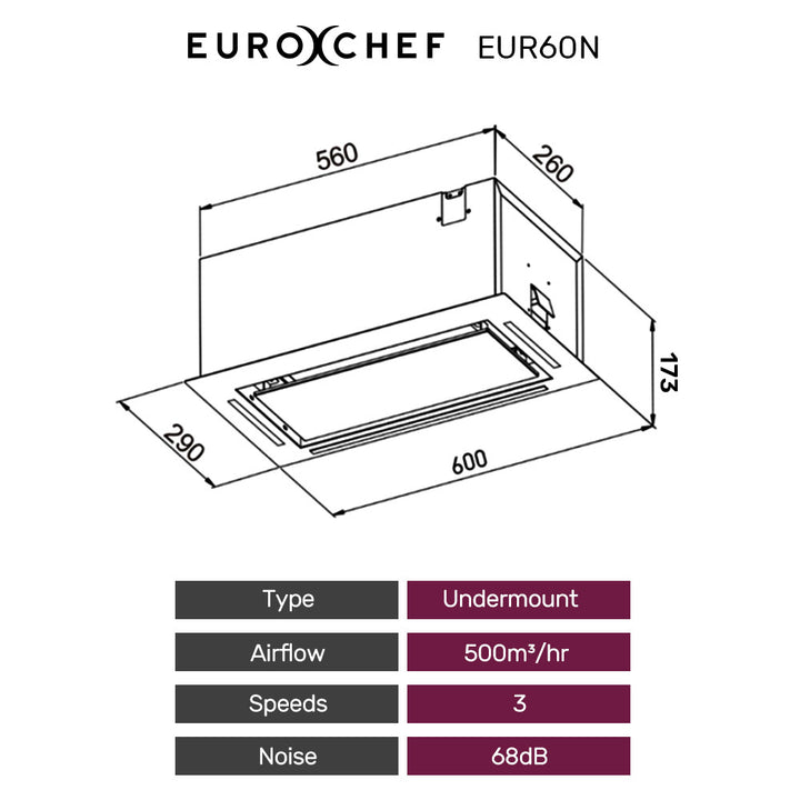 EUROCHEF 60cm Undermount Rangehood Silver, Quiet 3-Speed, 3-Layer Dishwashable Filter, LED Lights EUR60N