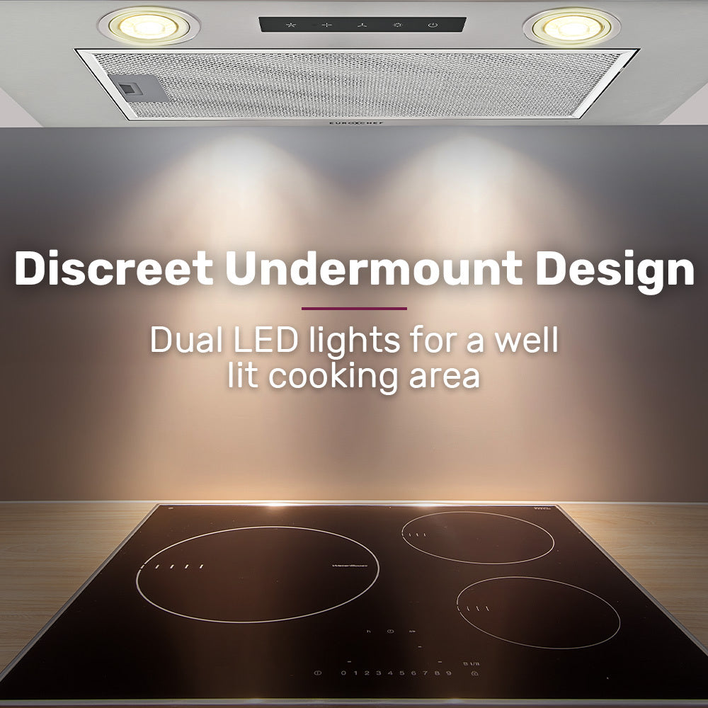 EUROCHEF 60cm Undermount Rangehood Silver, Quiet 3-Speed, 3-Layer Dishwashable Filter, LED Lights EUR60N