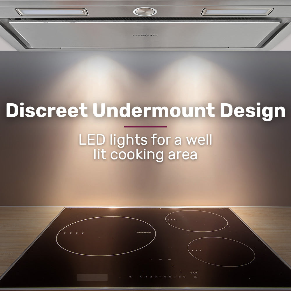 EUROCHEF 60cm Undermount Rangehood Stainless Steel, Quiet 3-Speed, 3-Layer Dishwashable Filter, LED Lights EUR60S